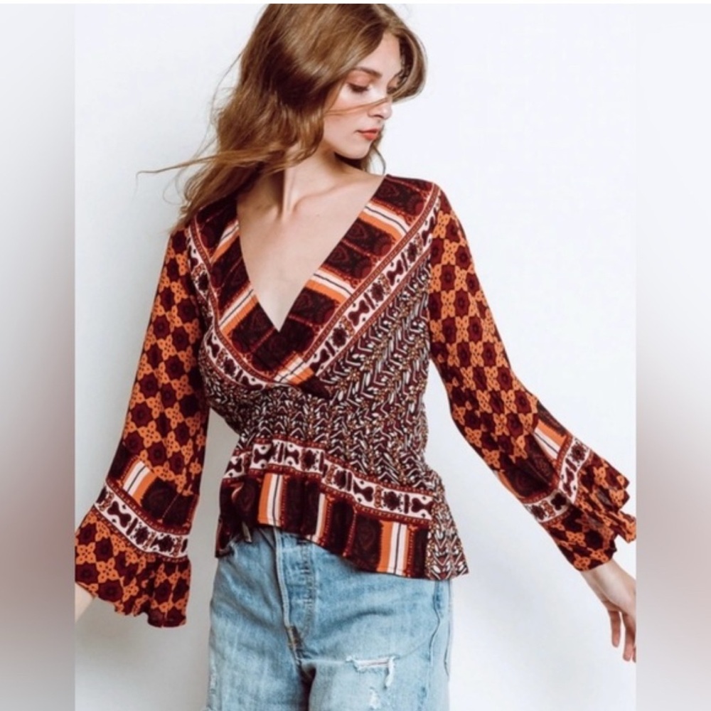 FP Free People Rosalie Bell Sleeve Faux Wrap Top Fall Colors